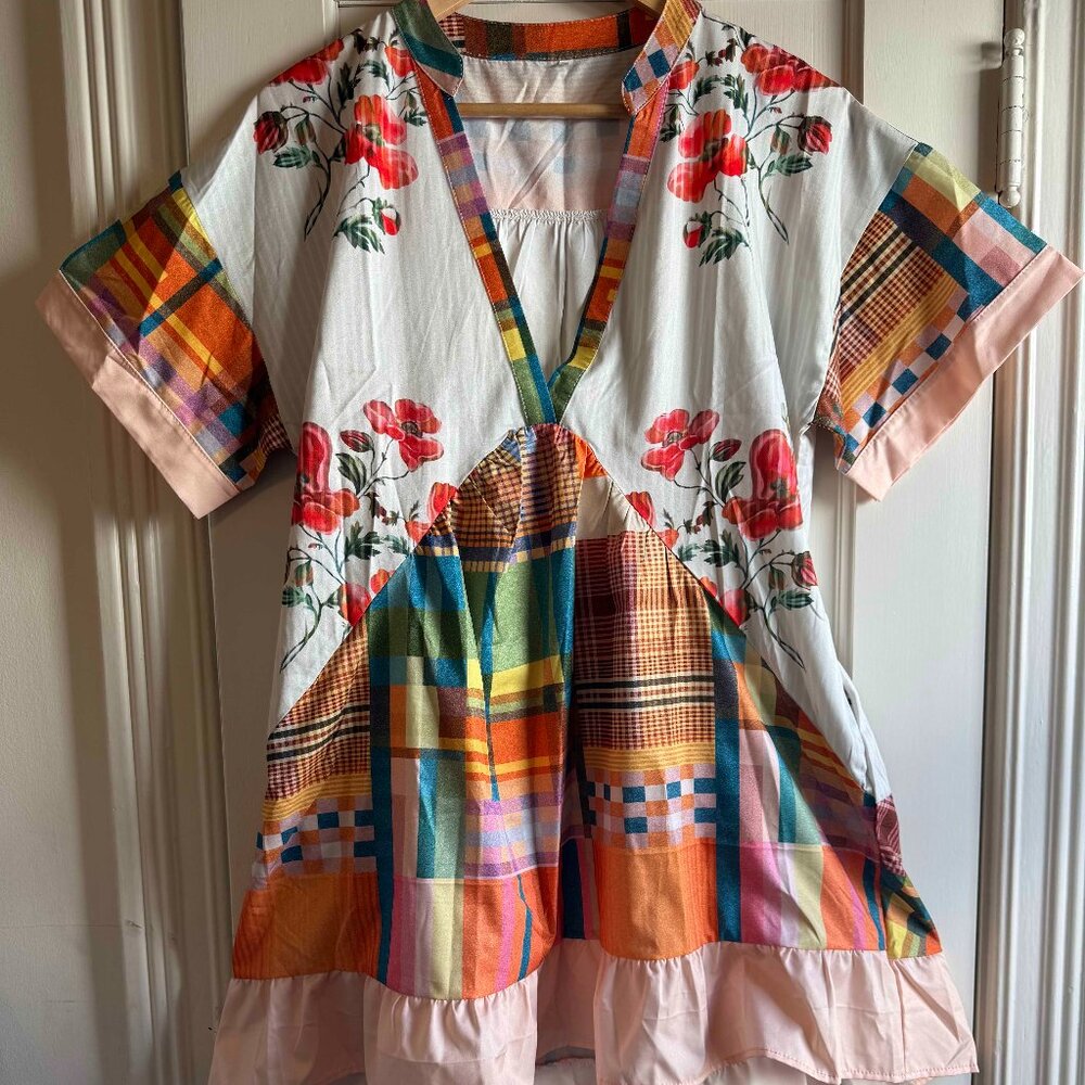 Women’s Boho Mini Dress Y2k Floral Deep V-Neck Babydoll with Pockets